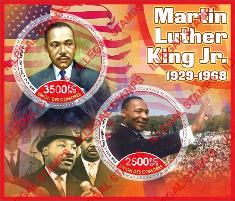 Comoro Islands 2018 Martin Luther King Jr. Counterfeit Illegal Stamp Souvenir Sheet of 2 Comoro Islands 2018 Martin Luther King Jr. Counterfeit Illegal Stamp Souvenir Sheet of 2