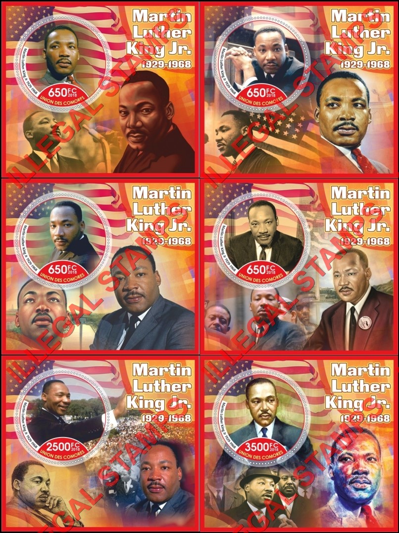 Comoro Islands 2018 Martin Luther King Jr. Counterfeit Illegal Stamp Souvenir Sheets of 1 Comoro Islands 2018 Martin Luther King Jr. Counterfeit Illegal Stamp Souvenir Sheets of 1
