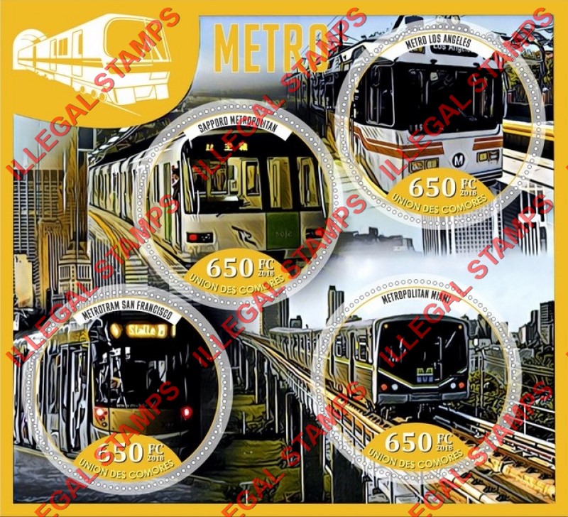 Comoro Islands 2018 Metro Counterfeit Illegal Stamp Souvenir Sheet of 4 Comoro Islands 2018 Metro Counterfeit Illegal Stamp Souvenir Sheet of 4