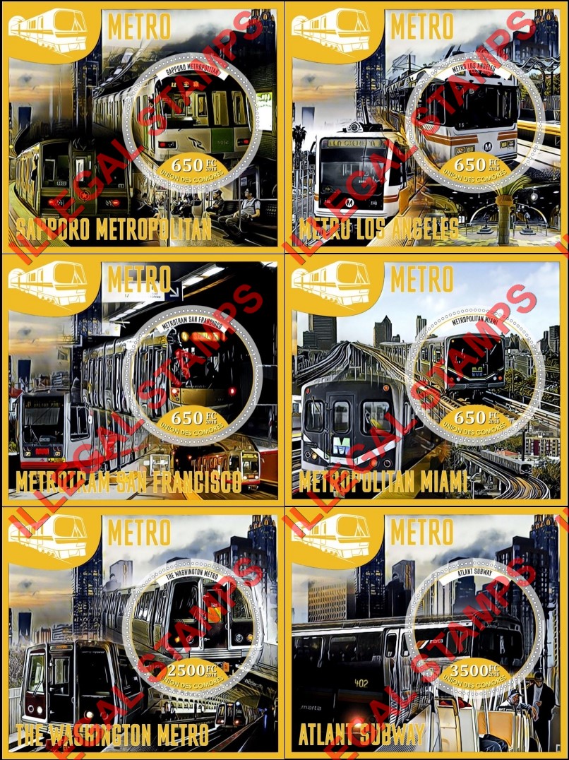 Comoro Islands 2018 Metro Counterfeit Illegal Stamp Souvenir Sheets of 1 Comoro Islands 2018 Metro Counterfeit Illegal Stamp Souvenir Sheets of 1