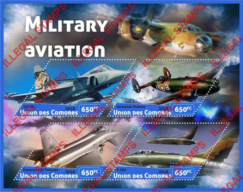 Comoro Islands 2018 Military Aviation (different) Counterfeit Illegal Stamp Souvenir Sheet of 4 Comoro Islands 2018 Military Aviation (different) Counterfeit Illegal Stamp Souvenir Sheet of 4
