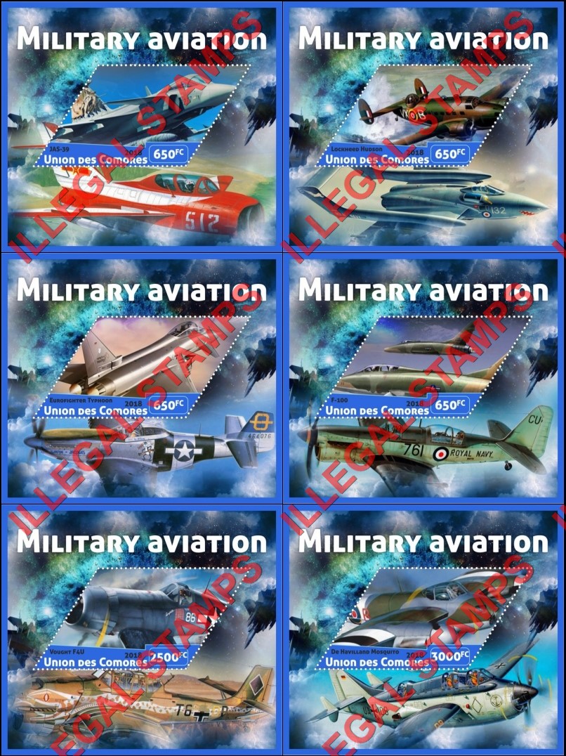 Comoro Islands 2018 Military Aviation (different) Counterfeit Illegal Stamp Souvenir Sheets of 1 Comoro Islands 2018 Military Aviation (different) Counterfeit Illegal Stamp Souvenir Sheets of 1