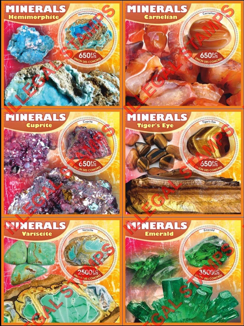 Comoro Islands 2018 Minerals Counterfeit Illegal Stamp Souvenir Sheets of 1 Comoro Islands 2018 Minerals Counterfeit Illegal Stamp Souvenir Sheets of 1