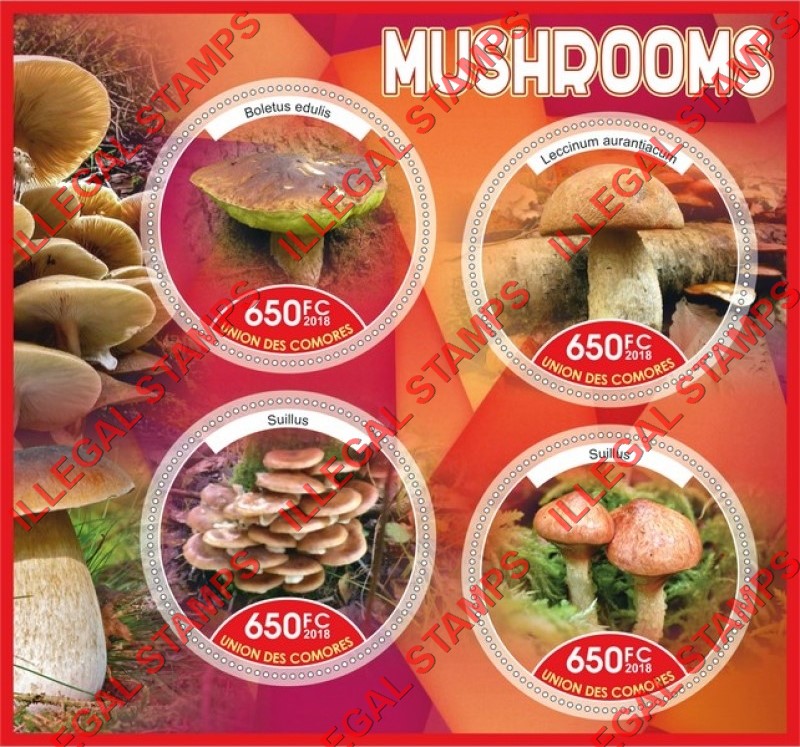 Comoro Islands 2018 Mushrooms Counterfeit Illegal Stamp Souvenir Sheet of 4 Comoro Islands 2018 Mushrooms Counterfeit Illegal Stamp Souvenir Sheet of 4