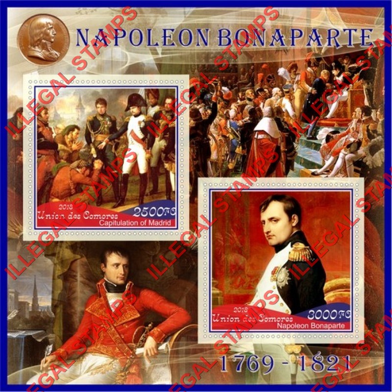 Comoro Islands 2018 Napoleon Bonaparte (different) Counterfeit Illegal Stamp Souvenir Sheet of 2 Comoro Islands 2018 Napoleon Bonaparte (different) Counterfeit Illegal Stamp Souvenir Sheet of 2