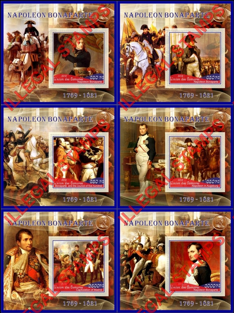 Comoro Islands 2018 Napoleon Bonaparte (different) Counterfeit Illegal Stamp Souvenir Sheets of 1 Comoro Islands 2018 Napoleon Bonaparte (different) Counterfeit Illegal Stamp Souvenir Sheets of 1