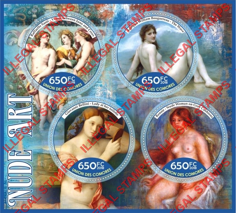 Comoro Islands 2018 Nude Art Counterfeit Illegal Stamp Souvenir Sheet of 4 Comoro Islands 2018 Nude Art Counterfeit Illegal Stamp Souvenir Sheet of 4
