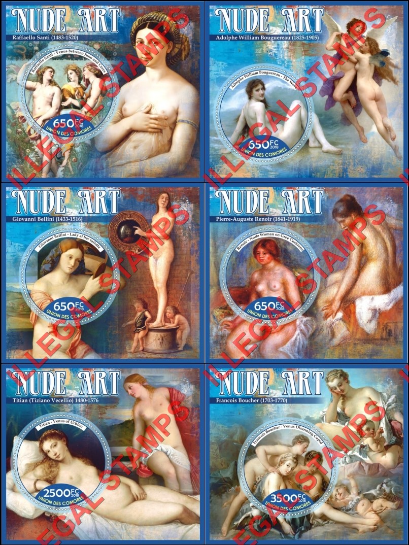 Comoro Islands 2018 Nude Art Counterfeit Illegal Stamp Souvenir Sheets of 1 Comoro Islands 2018 Nude Art Counterfeit Illegal Stamp Souvenir Sheets of 1