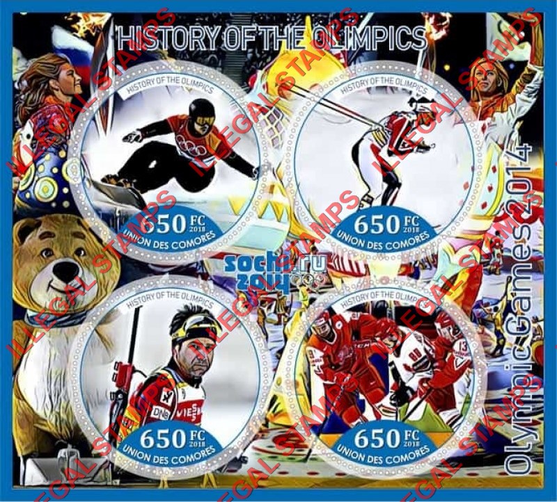 Comoro Islands 2018 Olympic Games in Sochi in 2014 History of the Olympics Counterfeit Illegal Stamp Souvenir Sheet of 4 Comoro Islands 2018 Olympic Games in Sochi in 2014 History of the Olympics Counterfeit Illegal Stamp Souvenir Sheet of 4