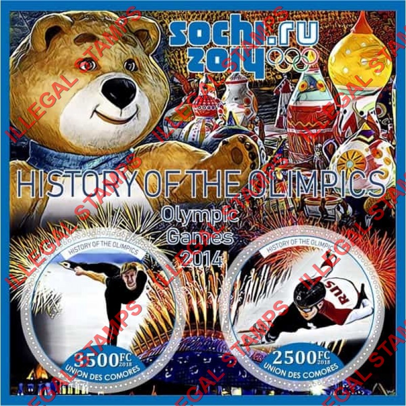 Comoro Islands 2018 Olympic Games in Sochi in 2014 History of the Olympics Counterfeit Illegal Stamp Souvenir Sheet of 2 Comoro Islands 2018 Olympic Games in Sochi in 2014 History of the Olympics Counterfeit Illegal Stamp Souvenir Sheet of 2