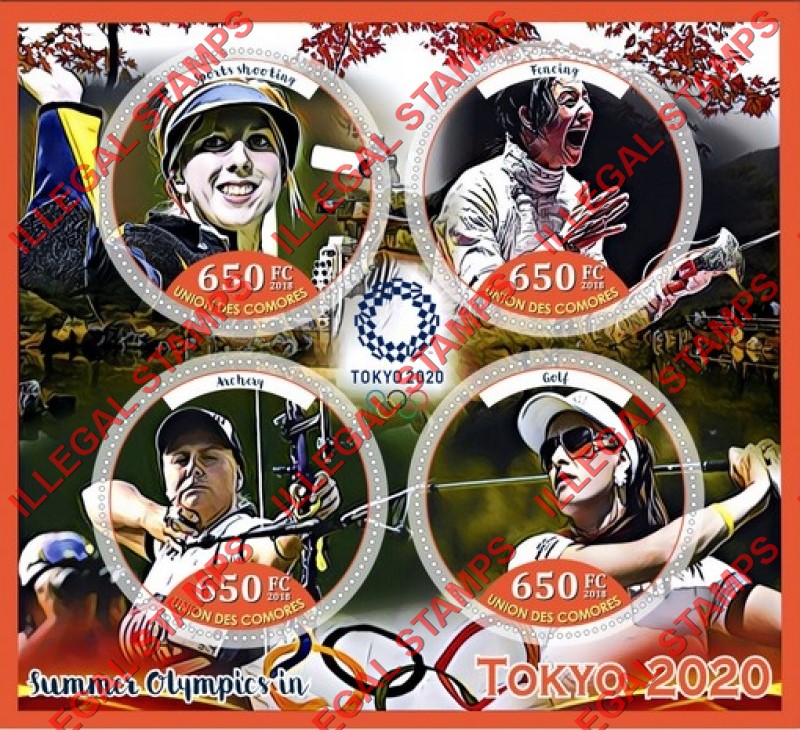 Comoro Islands 2018 Olympic Games in Tokyo in 2020 (different) Counterfeit Illegal Stamp Souvenir Sheet of 4 Comoro Islands 2018 Olympic Games in Tokyo in 2020 (different) Counterfeit Illegal Stamp Souvenir Sheet of 4