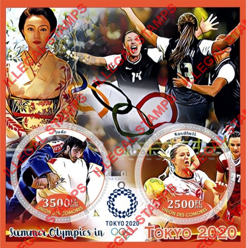 Comoro Islands 2018 Olympic Games in Tokyo in 2020 (different) Counterfeit Illegal Stamp Souvenir Sheet of 2 Comoro Islands 2018 Olympic Games in Tokyo in 2020 (different) Counterfeit Illegal Stamp Souvenir Sheet of 2