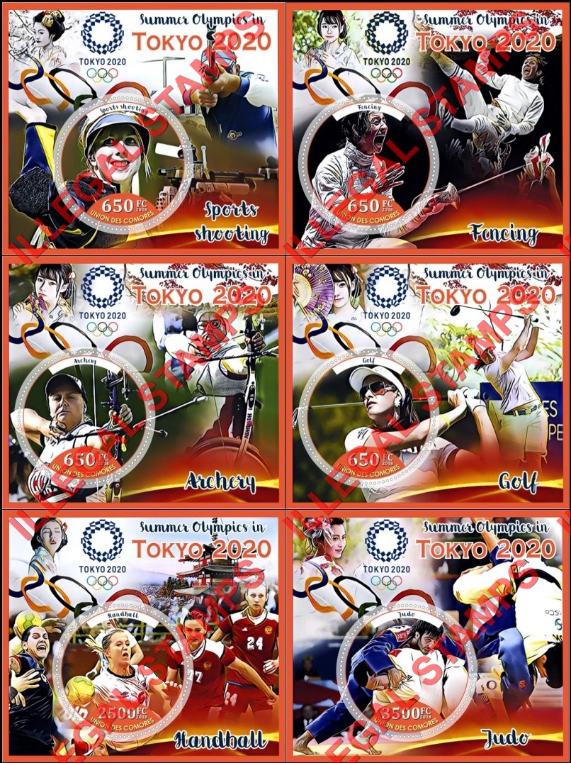 Comoro Islands 2018 Olympic Games in Tokyo in 2020 (different) Counterfeit Illegal Stamp Souvenir Sheets of 1 Comoro Islands 2018 Olympic Games in Tokyo in 2020 (different) Counterfeit Illegal Stamp Souvenir Sheets of 1