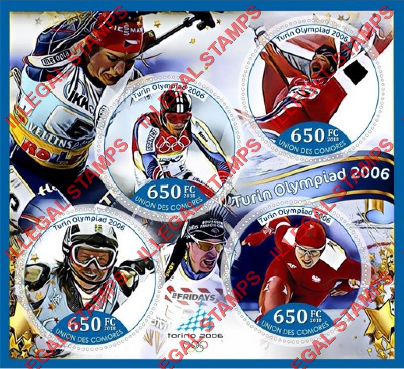 Comoro Islands 2018 Olympic Games in Torino in 2006 Turin Olympiad Counterfeit Illegal Stamp Souvenir Sheet of 4 Comoro Islands 2018 Olympic Games in Torino in 2006 Turin Olympiad Counterfeit Illegal Stamp Souvenir Sheet of 4