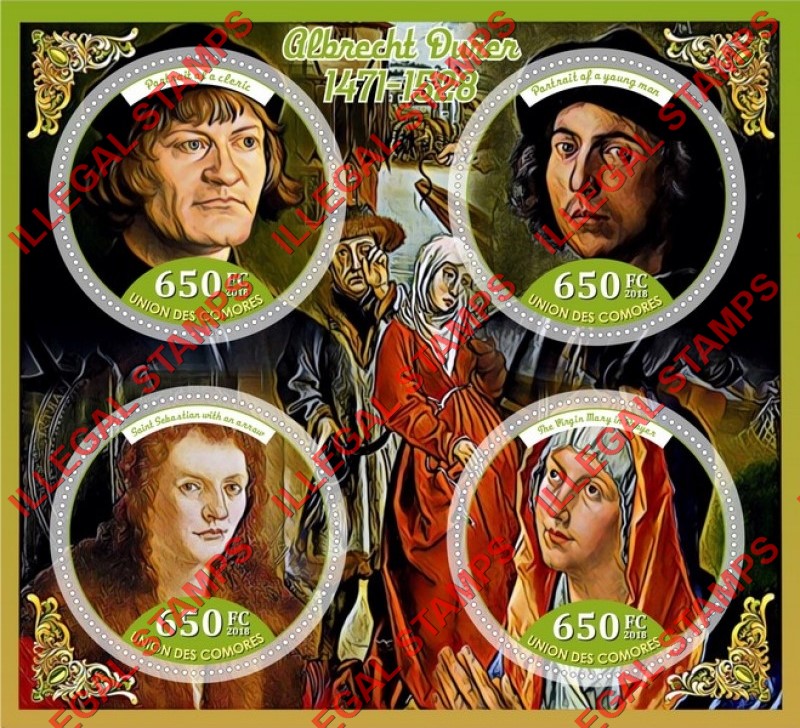 Comoro Islands 2018 Paintings by Albrecht Durer Counterfeit Illegal Stamp Souvenir Sheet of 4 Comoro Islands 2018 Paintings by Albrecht Durer Counterfeit Illegal Stamp Souvenir Sheet of 4