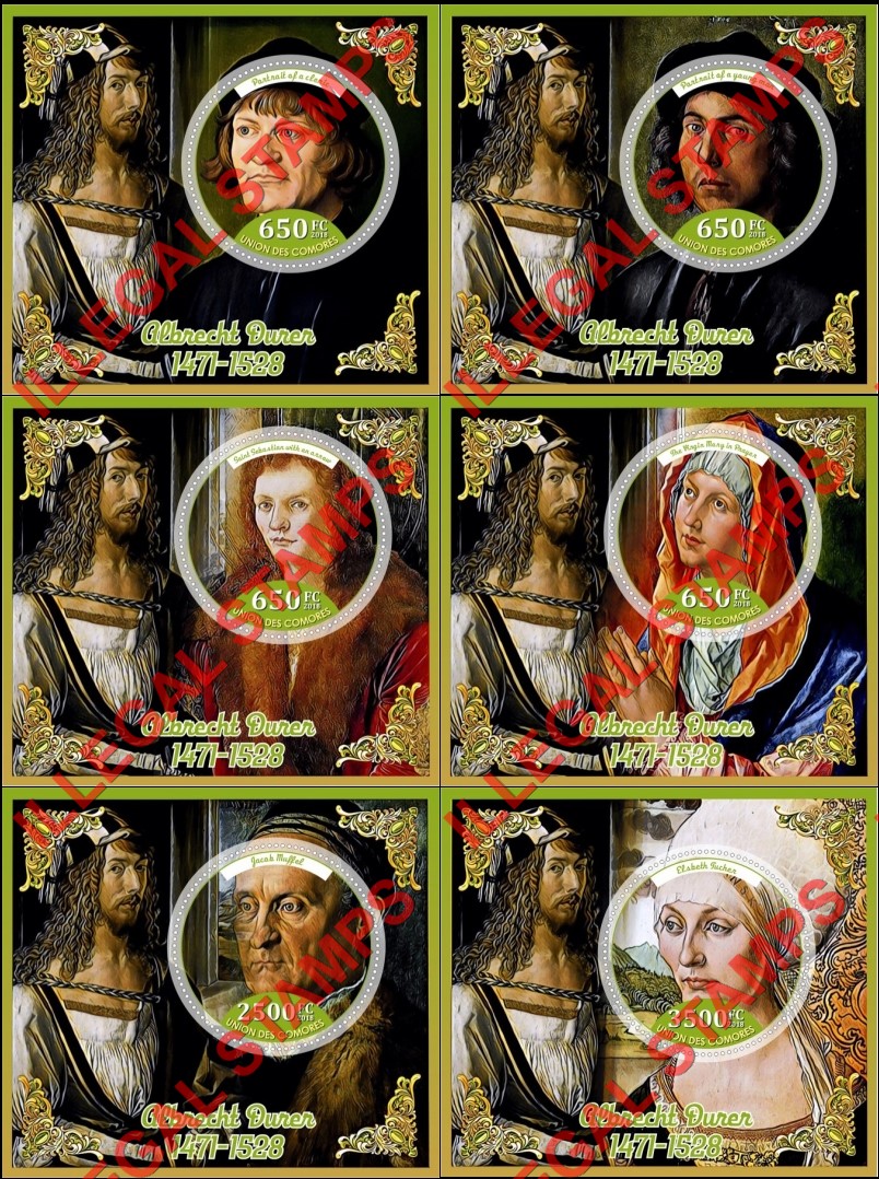 Comoro Islands 2018 Paintings by Albrecht Durer Counterfeit Illegal Stamp Souvenir Sheets of 1 Comoro Islands 2018 Paintings by Albrecht Durer Counterfeit Illegal Stamp Souvenir Sheets of 1
