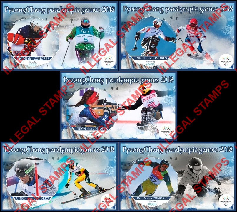 Comoro Islands 2018 Paralympic Games in PyeongChang Counterfeit Illegal Stamp Souvenir Sheets of 1 Comoro Islands 2018 Paralympic Games in PyeongChang Counterfeit Illegal Stamp Souvenir Sheets of 1