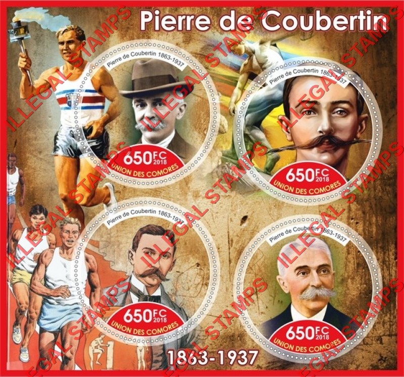 Comoro Islands 2018 Pierre de Coubertin Counterfeit Illegal Stamp Souvenir Sheet of 4 Comoro Islands 2018 Pierre de Coubertin Counterfeit Illegal Stamp Souvenir Sheet of 4