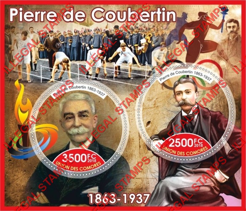 Comoro Islands 2018 Pierre de Coubertin Counterfeit Illegal Stamp Souvenir Sheet of 2 Comoro Islands 2018 Pierre de Coubertin Counterfeit Illegal Stamp Souvenir Sheet of 2