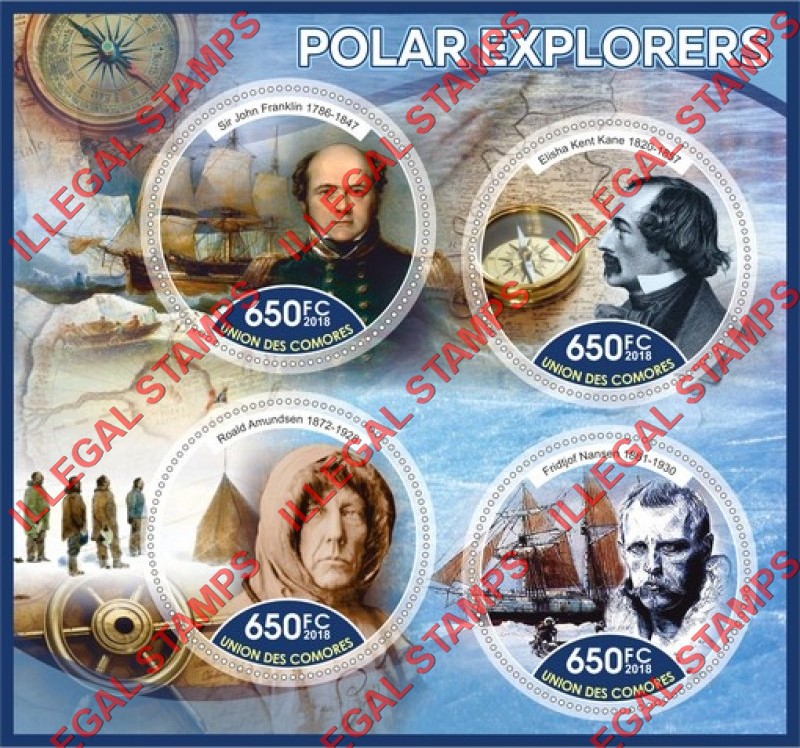 Comoro Islands 2018 Polar Explorers Counterfeit Illegal Stamp Souvenir Sheet of 4 Comoro Islands 2018 Polar Explorers Counterfeit Illegal Stamp Souvenir Sheet of 4