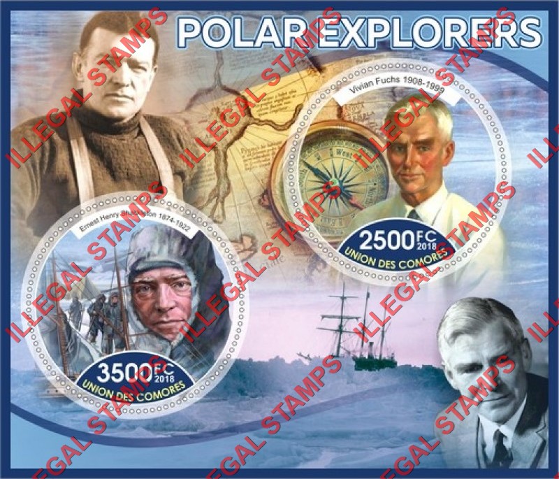 Comoro Islands 2018 Polar Explorers Counterfeit Illegal Stamp Souvenir Sheet of 2 Comoro Islands 2018 Polar Explorers Counterfeit Illegal Stamp Souvenir Sheet of 2