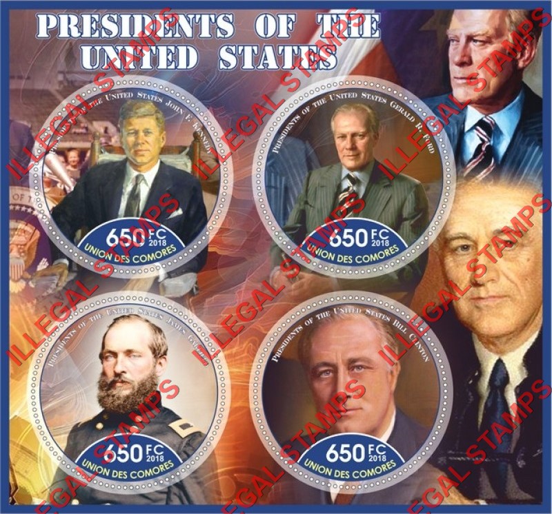 Comoro Islands 2018 Presidents of the United States Counterfeit Illegal Stamp Souvenir Sheet of 4 Comoro Islands 2018 Presidents of the United States Counterfeit Illegal Stamp Souvenir Sheet of 4
