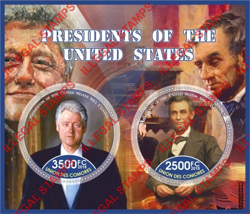 Comoro Islands 2018 Presidents of the United States Counterfeit Illegal Stamp Souvenir Sheet of 2 Comoro Islands 2018 Presidents of the United States Counterfeit Illegal Stamp Souvenir Sheet of 2