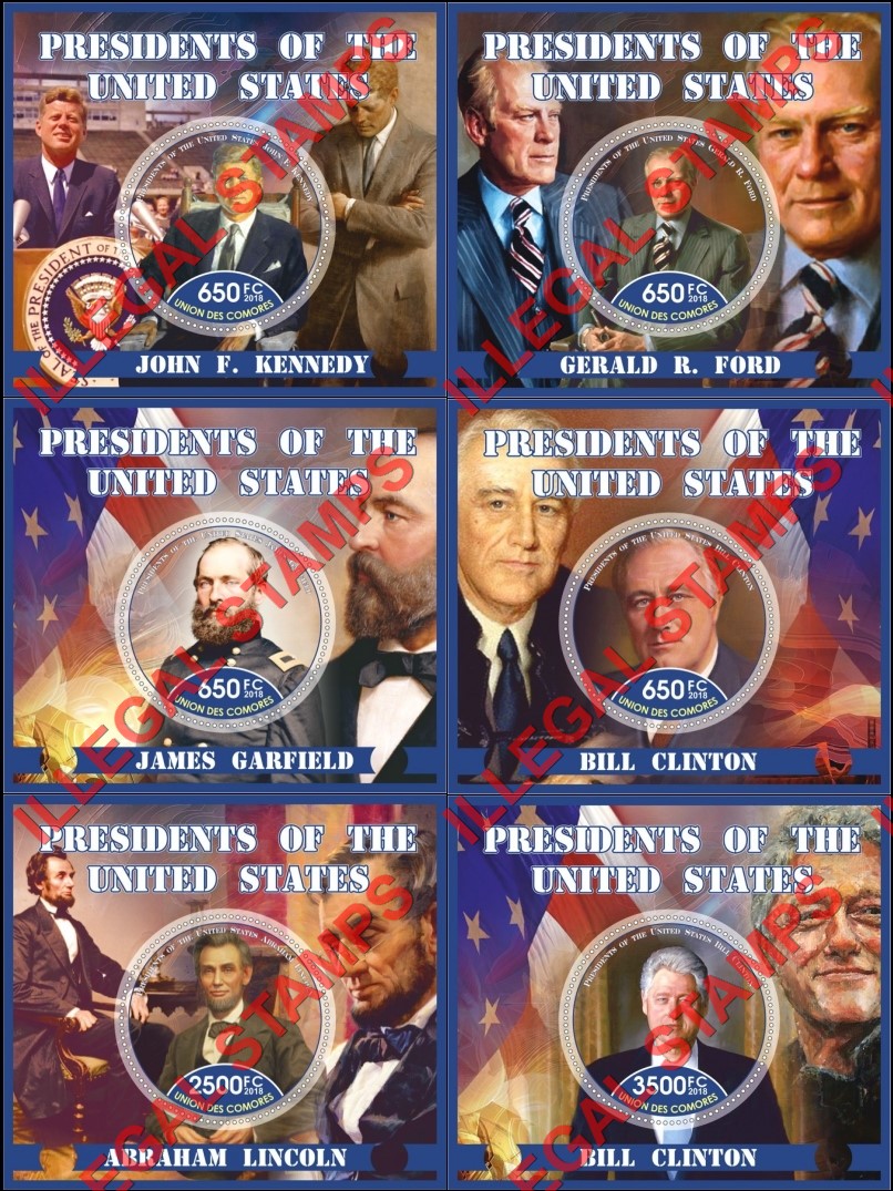 Comoro Islands 2018 Presidents of the United States Counterfeit Illegal Stamp Souvenir Sheets of 1 Comoro Islands 2018 Presidents of the United States Counterfeit Illegal Stamp Souvenir Sheets of 1