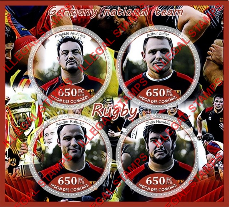 Comoro Islands 2018 Rugby Players Germany National Team Counterfeit Illegal Stamp Souvenir Sheet of 4 Comoro Islands 2018 Rugby Players Germany National Team Counterfeit Illegal Stamp Souvenir Sheet of 4