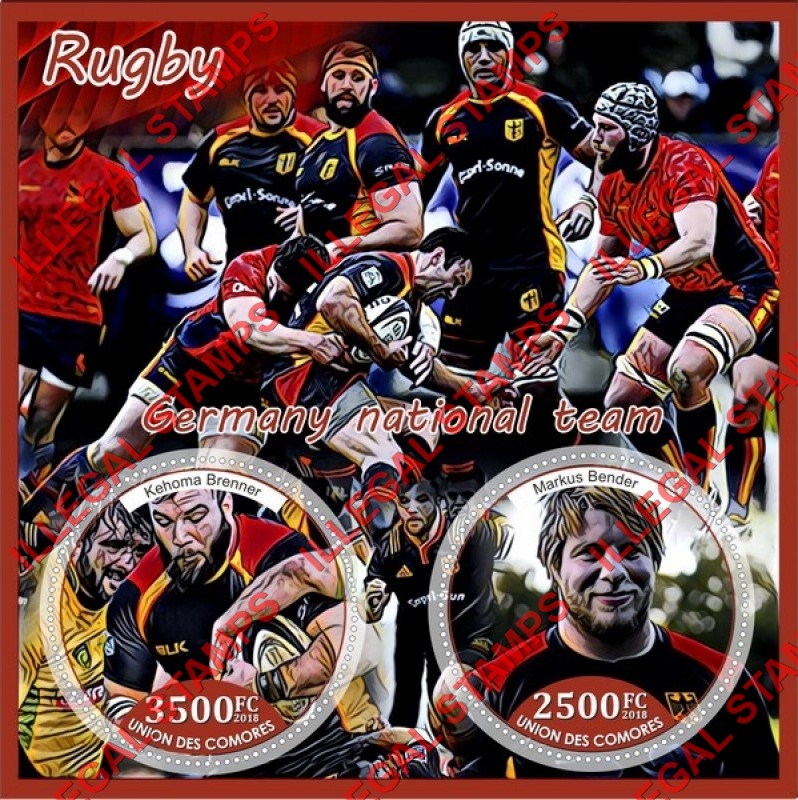 Comoro Islands 2018 Rugby Players Germany National Team Counterfeit Illegal Stamp Souvenir Sheet of 2 Comoro Islands 2018 Rugby Players Germany National Team Counterfeit Illegal Stamp Souvenir Sheet of 2