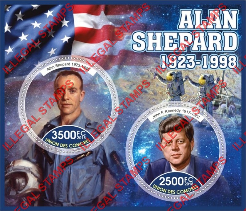 Comoro Islands 2018 Space Alan Shepard Counterfeit Illegal Stamp Souvenir Sheet of 2 Comoro Islands 2018 Space Alan Shepard Counterfeit Illegal Stamp Souvenir Sheet of 2