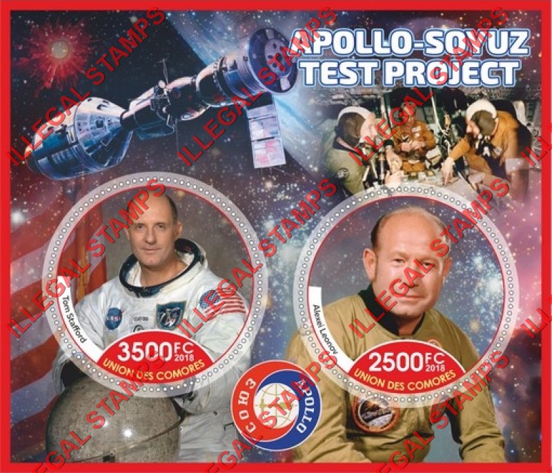 Comoro Islands 2018 Space Apollo Soyuz Test Program Counterfeit Illegal Stamp Souvenir Sheet of 2 Comoro Islands 2018 Space Apollo Soyuz Test Program Counterfeit Illegal Stamp Souvenir Sheet of 2