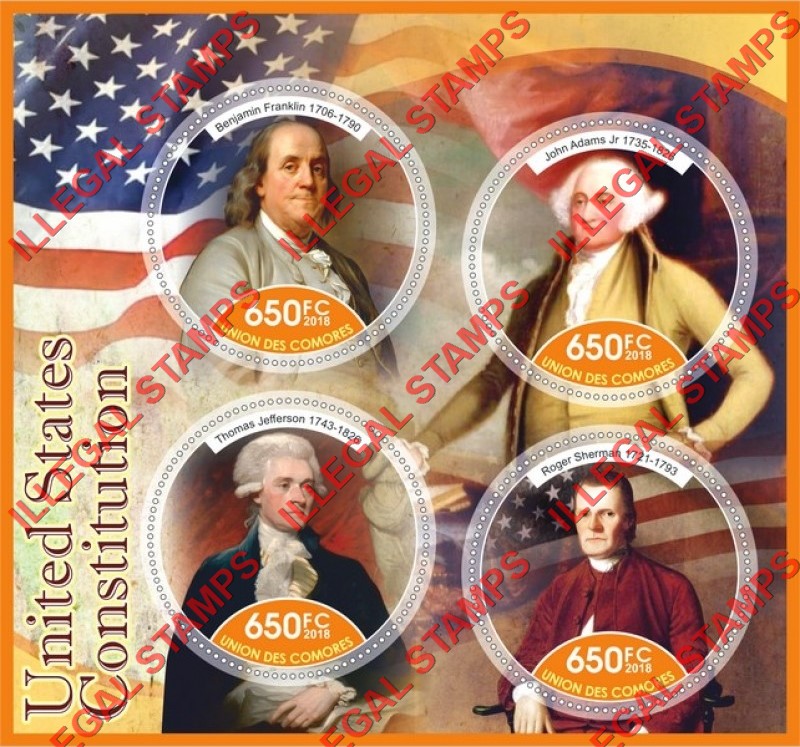 Comoro Islands 2018 United States Constitution Makers Counterfeit Illegal Stamp Souvenir Sheet of 4 Comoro Islands 2018 United States Constitution Makers Counterfeit Illegal Stamp Souvenir Sheet of 4