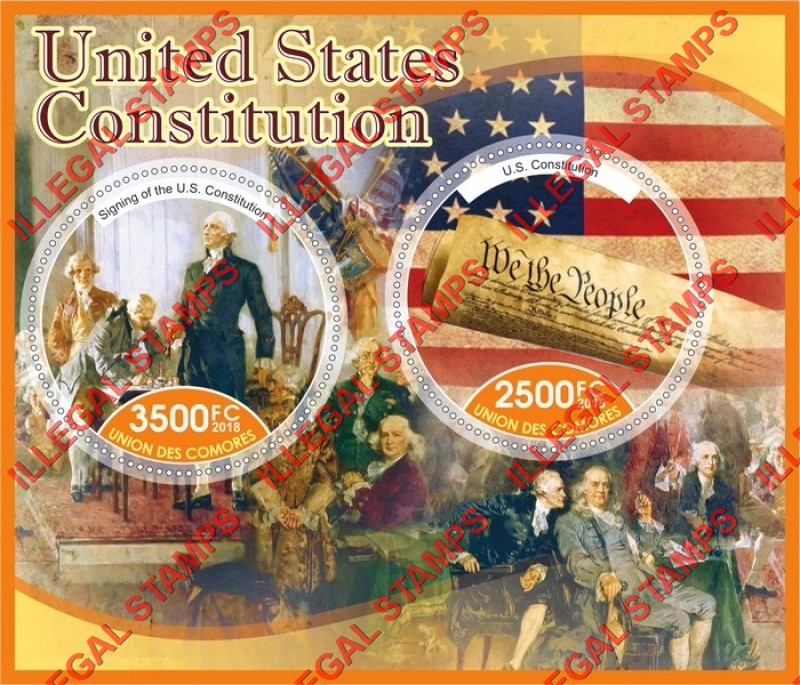 Comoro Islands 2018 United States Constitution Makers Counterfeit Illegal Stamp Souvenir Sheet of 2 Comoro Islands 2018 United States Constitution Makers Counterfeit Illegal Stamp Souvenir Sheet of 2