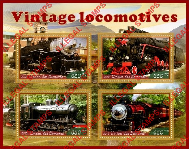 Comoro Islands 2018 Vintage Locomotives (different a) Counterfeit Illegal Stamp Souvenir Sheet of 4 Comoro Islands 2018 Vintage Locomotives (different a) Counterfeit Illegal Stamp Souvenir Sheet of 4