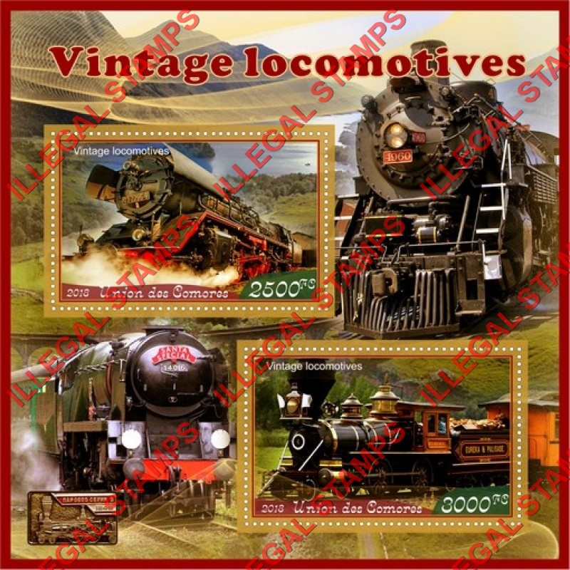Comoro Islands 2018 Vintage Locomotives (different a) Counterfeit Illegal Stamp Souvenir Sheet of 2 Comoro Islands 2018 Vintage Locomotives (different a) Counterfeit Illegal Stamp Souvenir Sheet of 2