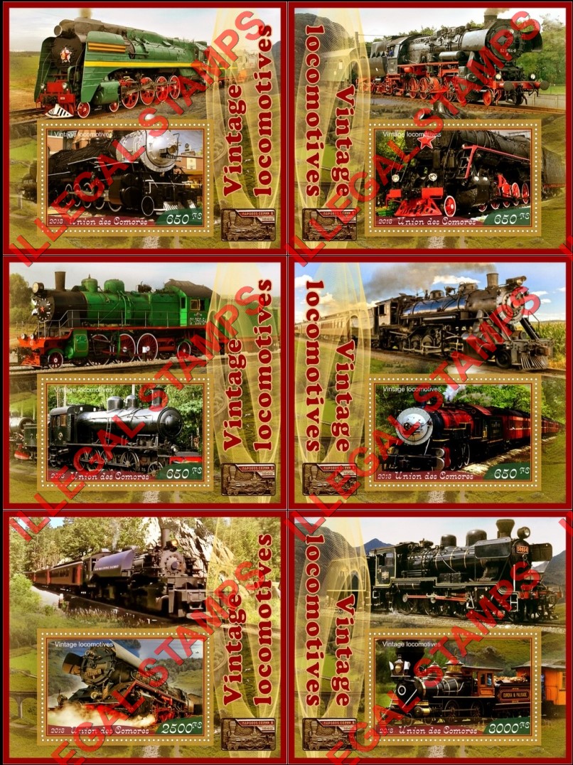 Comoro Islands 2018 Vintage Locomotives (different a) Counterfeit Illegal Stamp Souvenir Sheets of 1 Comoro Islands 2018 Vintage Locomotives (different a) Counterfeit Illegal Stamp Souvenir Sheets of 1