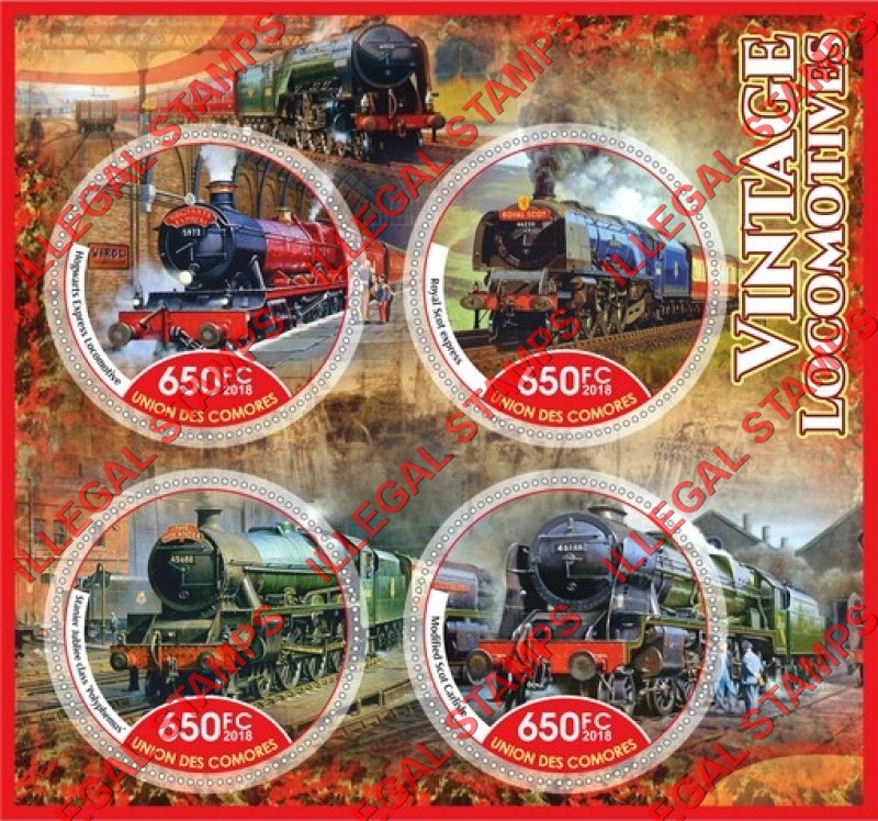 Comoro Islands 2018 Vintage Locomotives (different) Counterfeit Illegal Stamp Souvenir Sheet of 4 Comoro Islands 2018 Vintage Locomotives (different) Counterfeit Illegal Stamp Souvenir Sheet of 4