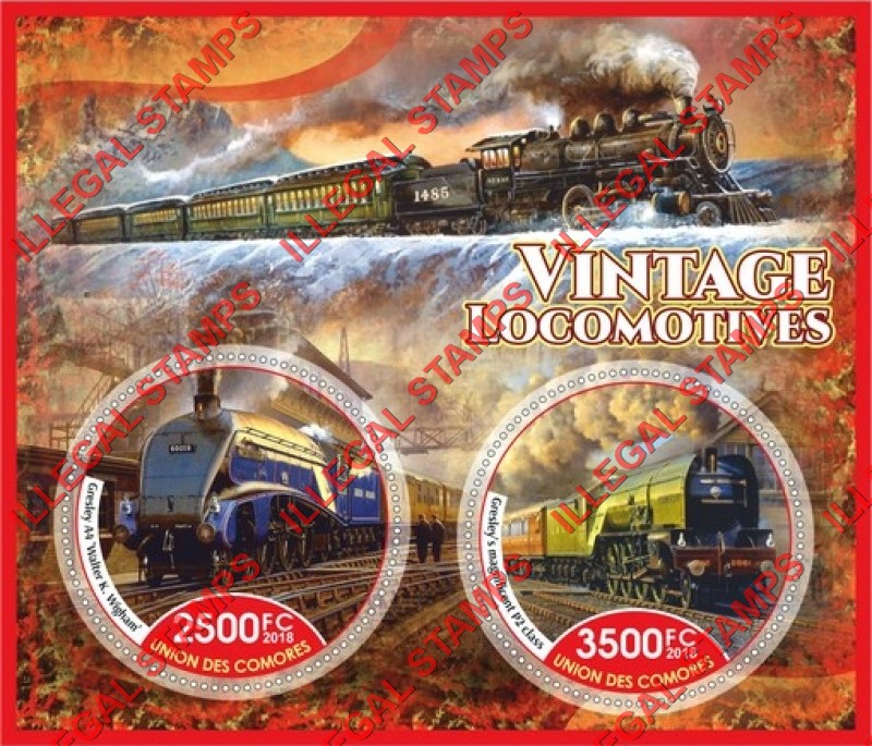 Comoro Islands 2018 Vintage Locomotives (different) Counterfeit Illegal Stamp Souvenir Sheet of 2 Comoro Islands 2018 Vintage Locomotives (different) Counterfeit Illegal Stamp Souvenir Sheet of 2