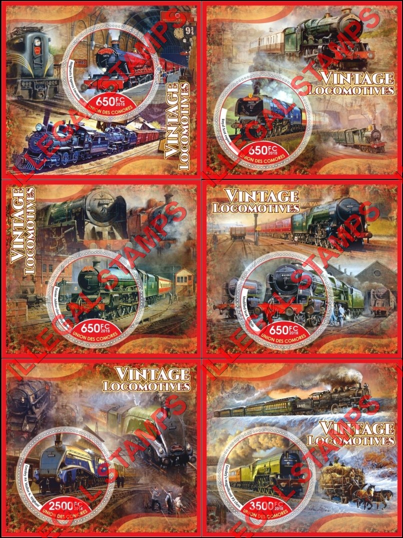 Comoro Islands 2018 Vintage Locomotives (different) Counterfeit Illegal Stamp Souvenir Sheets of 1 Comoro Islands 2018 Vintage Locomotives (different) Counterfeit Illegal Stamp Souvenir Sheets of 1