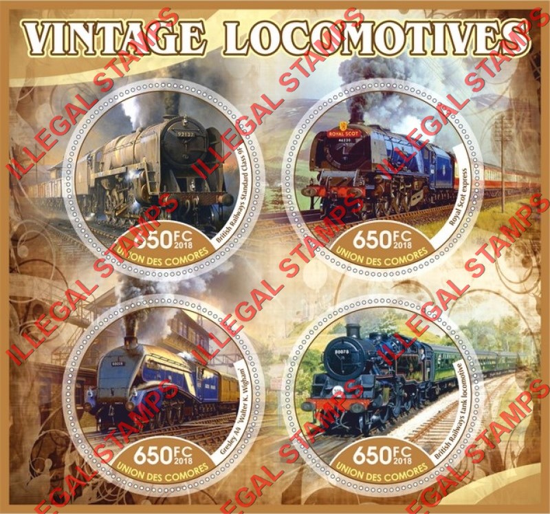 Comoro Islands 2018 Vintage Locomotives Counterfeit Illegal Stamp Souvenir Sheet of 4 Comoro Islands 2018 Vintage Locomotives Counterfeit Illegal Stamp Souvenir Sheet of 4