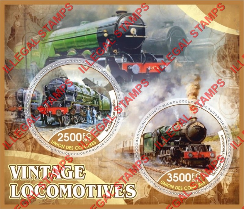 Comoro Islands 2018 Vintage Locomotives Counterfeit Illegal Stamp Souvenir Sheet of 2 Comoro Islands 2018 Vintage Locomotives Counterfeit Illegal Stamp Souvenir Sheet of 2