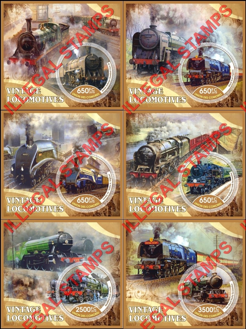 Comoro Islands 2018 Vintage Locomotives Counterfeit Illegal Stamp Souvenir Sheets of 1 Comoro Islands 2018 Vintage Locomotives Counterfeit Illegal Stamp Souvenir Sheets of 1