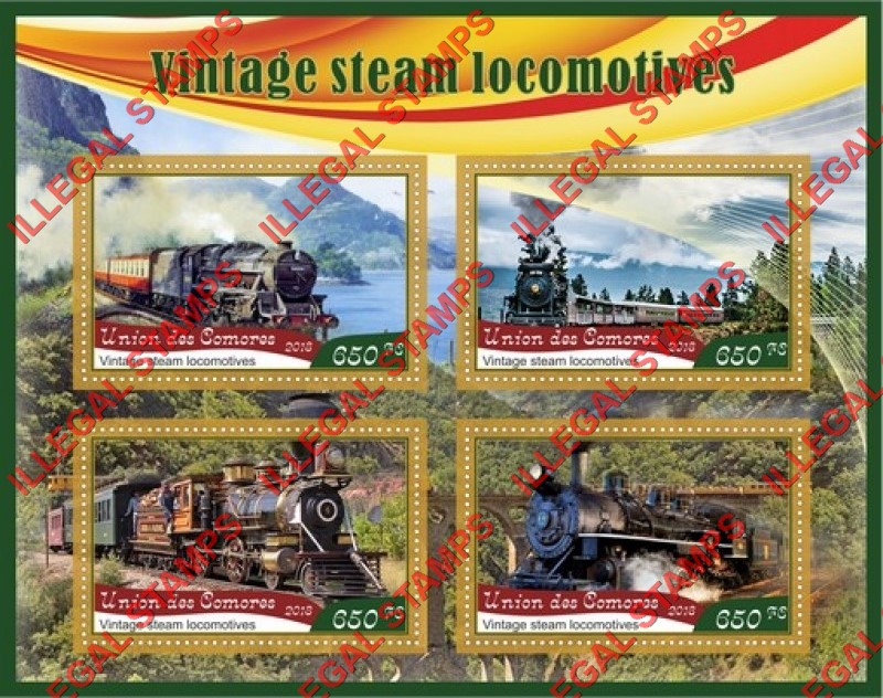 Comoro Islands 2018 Vintage Steam Locomotives Counterfeit Illegal Stamp Souvenir Sheet of 4 Comoro Islands 2018 Vintage Steam Locomotives Counterfeit Illegal Stamp Souvenir Sheet of 4