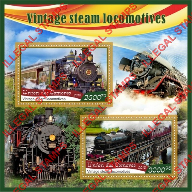 Comoro Islands 2018 Vintage Steam Locomotives Counterfeit Illegal Stamp Souvenir Sheet of 2 Comoro Islands 2018 Vintage Steam Locomotives Counterfeit Illegal Stamp Souvenir Sheet of 2