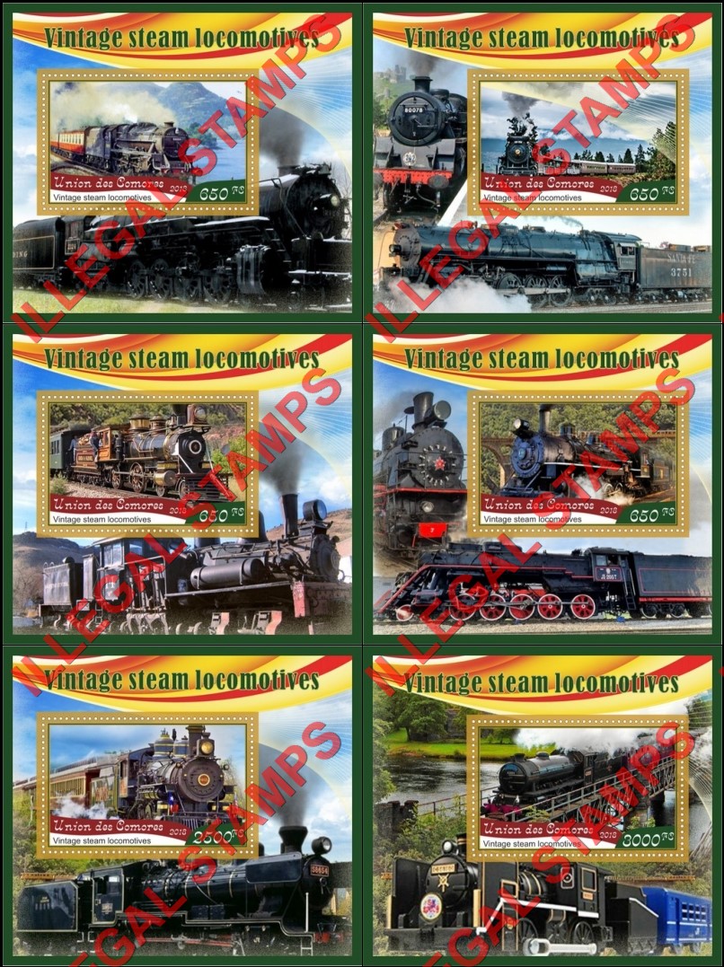 Comoro Islands 2018 Vintage Steam Locomotives Counterfeit Illegal Stamp Souvenir Sheets of 1 Comoro Islands 2018 Vintage Steam Locomotives Counterfeit Illegal Stamp Souvenir Sheets of 1