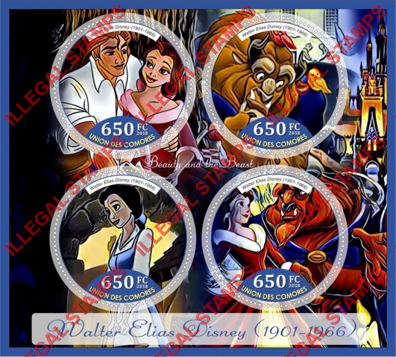 Comoro Islands 2018 Walt Disney Beauty and the Beast Counterfeit Illegal Stamp Souvenir Sheet of 4 Comoro Islands 2018 Walt Disney Beauty and the Beast Counterfeit Illegal Stamp Souvenir Sheet of 4
