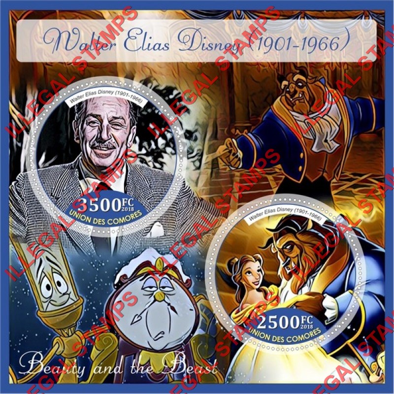 Comoro Islands 2018 Walt Disney Beauty and the Beast Counterfeit Illegal Stamp Souvenir Sheet of 2 Comoro Islands 2018 Walt Disney Beauty and the Beast Counterfeit Illegal Stamp Souvenir Sheet of 2