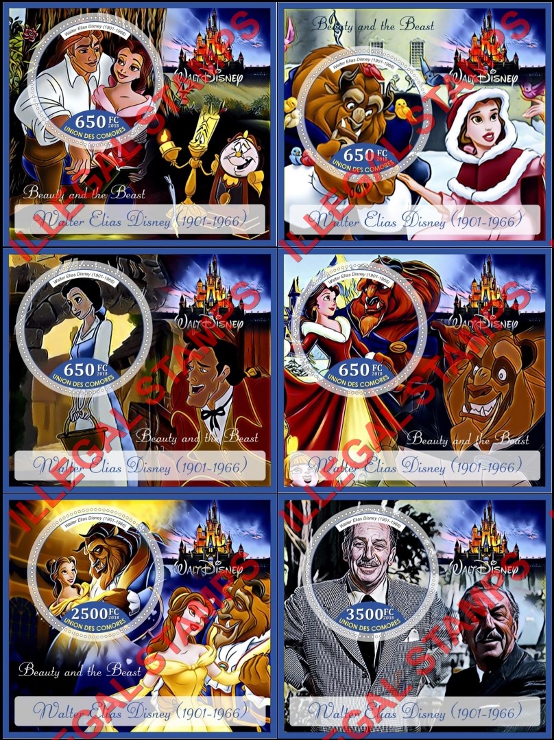 Comoro Islands 2018 Walt Disney Beauty and the Beast Counterfeit Illegal Stamp Souvenir Sheets of 1 Comoro Islands 2018 Walt Disney Beauty and the Beast Counterfeit Illegal Stamp Souvenir Sheets of 1