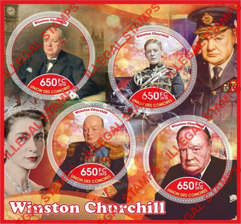 Comoro Islands 2018 Winston Churchill (different) Counterfeit Illegal Stamp Souvenir Sheet of 4 Comoro Islands 2018 Winston Churchill (different) Counterfeit Illegal Stamp Souvenir Sheet of 4